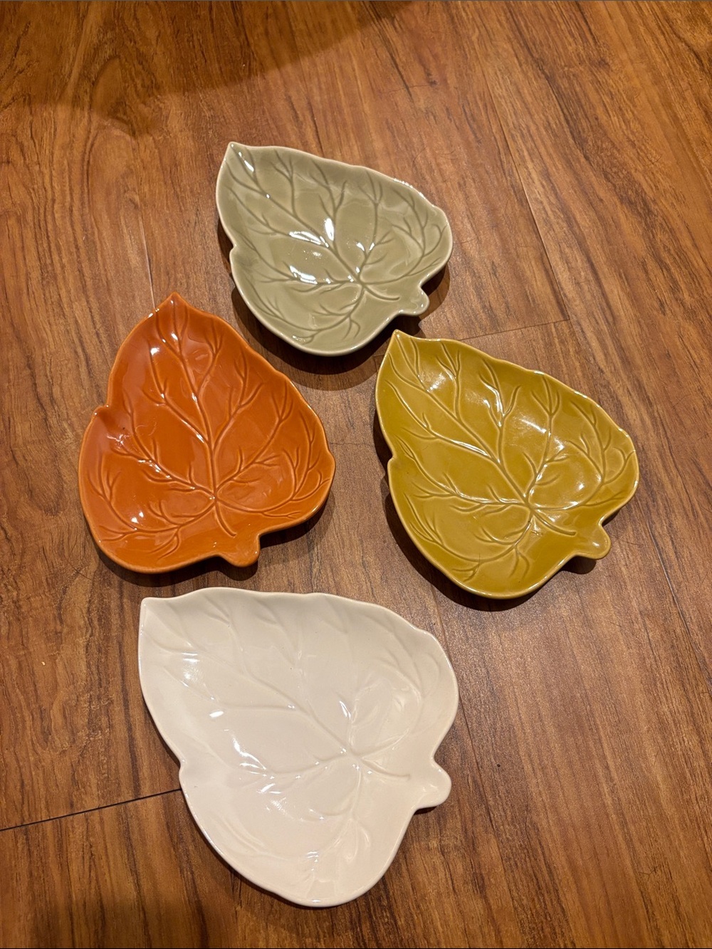 Threshold Leaf-Shaped Ceramic Dishes in Orange, Sage, Mustard & Cream